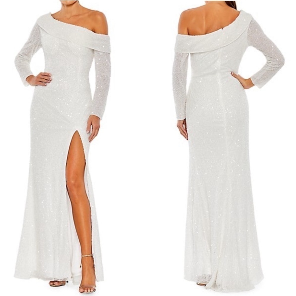 Mac Duggal Sequined One-Shoulder glam Gown white 14 plus women’s gown new
